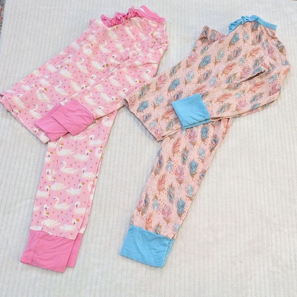 Little Dreamers Designs Bamboo Pajama Set 7T - Bundle of 2 - Swans and Feathers